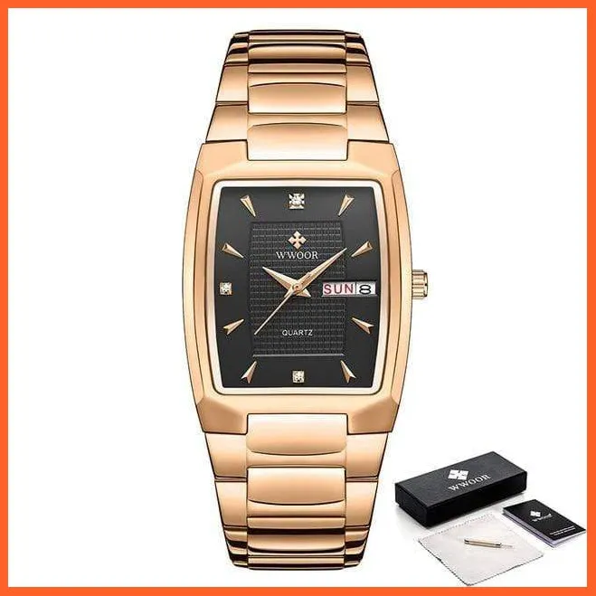 New Square Watch Men With Automatic Week Date Luxury Stainless Steel Gold Mens Quartz Wrist Watches