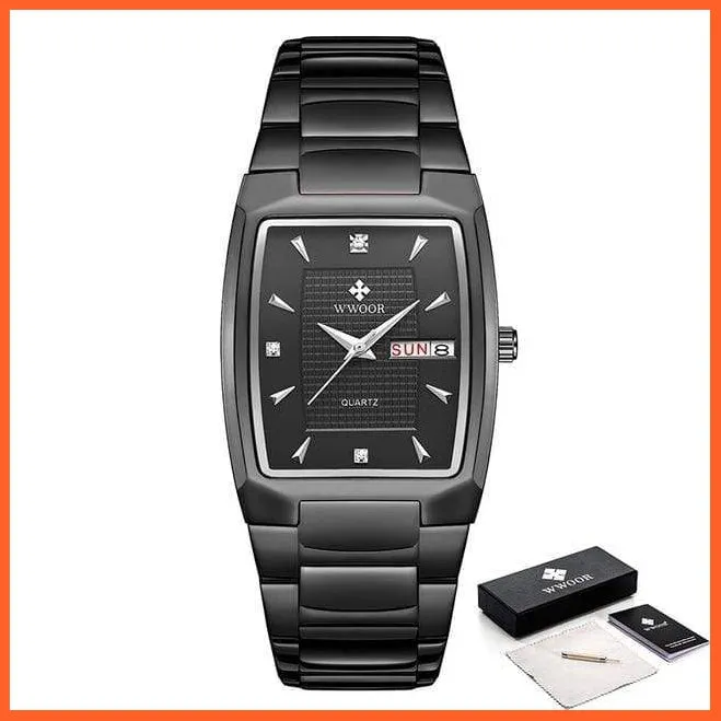 New Square Watch Men With Automatic Week Date Luxury Stainless Steel Gold Mens Quartz Wrist Watches