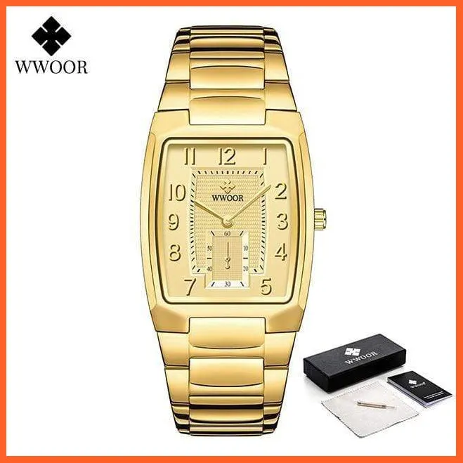 New Square Watch Men With Automatic Week Date Luxury Stainless Steel Gold Mens Quartz Wrist Watches
