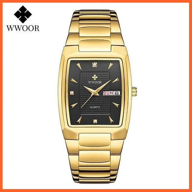 New Square Watch Men With Automatic Week Date Luxury Stainless Steel Gold Mens Quartz Wrist Watches