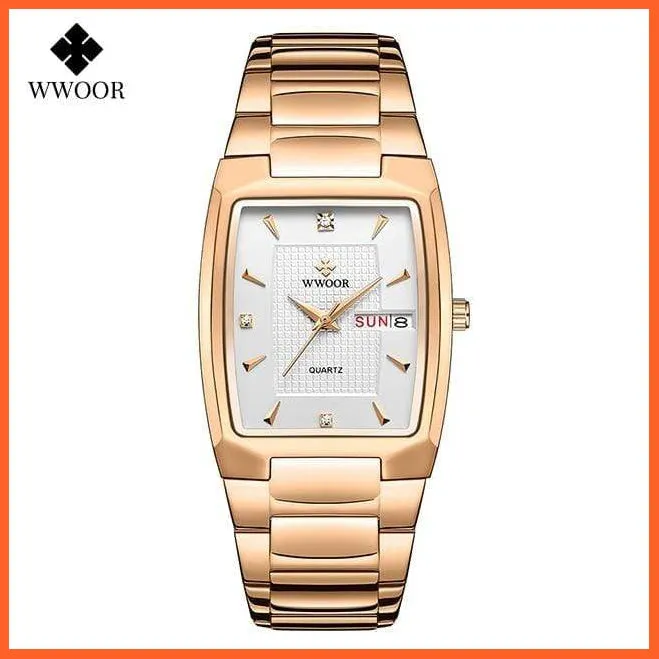 New Square Watch Men With Automatic Week Date Luxury Stainless Steel Gold Mens Quartz Wrist Watches