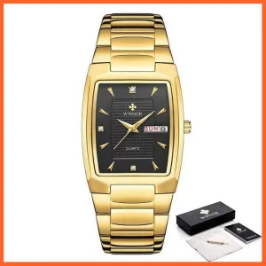 New Square Watch Men With Automatic Week Date Luxury Stainless Steel Gold Mens Quartz Wrist Watches
