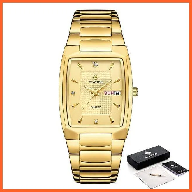 New Square Watch Men With Automatic Week Date Luxury Stainless Steel Gold Mens Quartz Wrist Watches