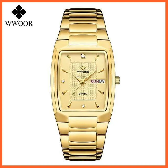 New Square Watch Men With Automatic Week Date Luxury Stainless Steel Gold Mens Quartz Wrist Watches