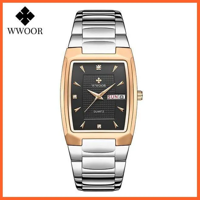 New Square Watch Men With Automatic Week Date Luxury Stainless Steel Gold Mens Quartz Wrist Watches