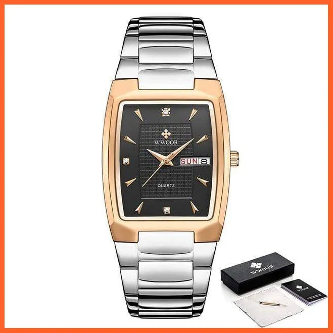 New Square Watch Men With Automatic Week Date Luxury Stainless Steel Gold Mens Quartz Wrist Watches