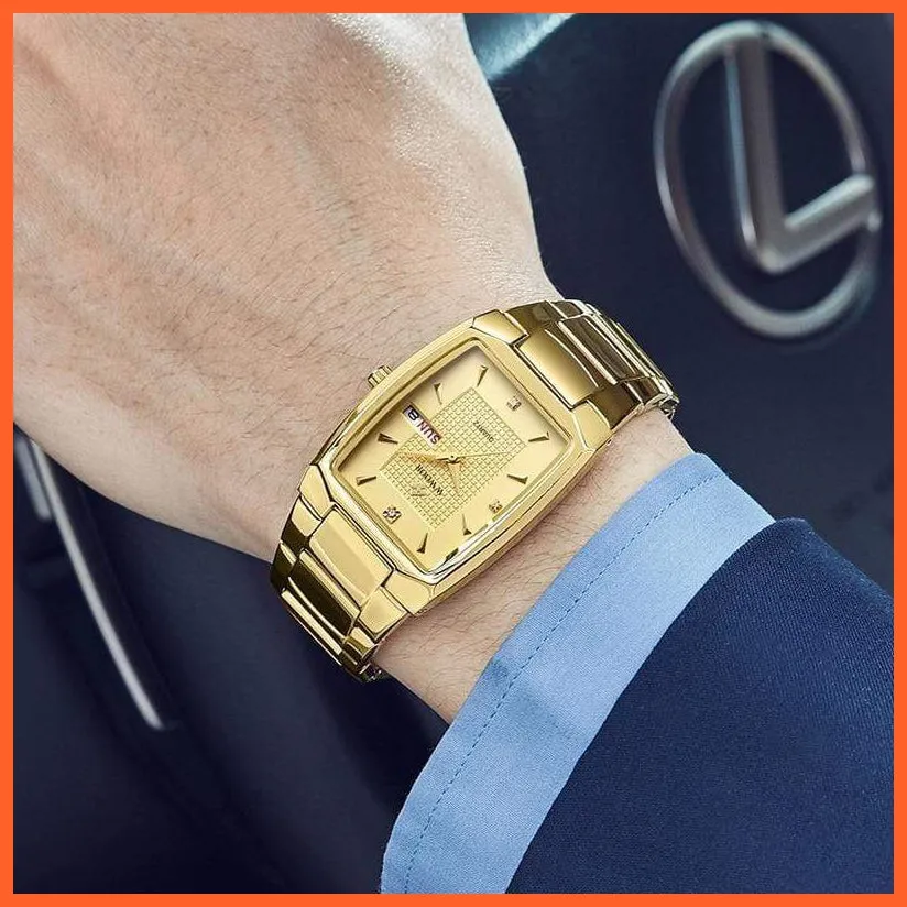 New Square Watch Men With Automatic Week Date Luxury Stainless Steel Gold Mens Quartz Wrist Watches