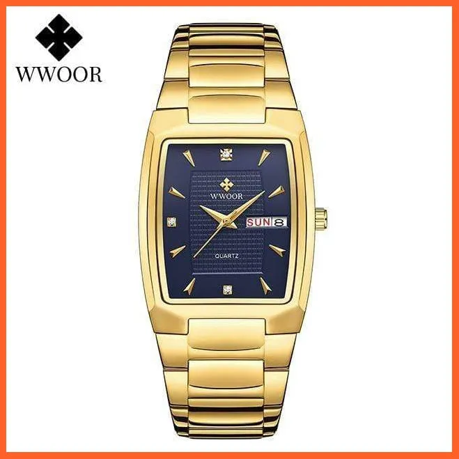 New Square Watch Men With Automatic Week Date Luxury Stainless Steel Gold Mens Quartz Wrist Watches
