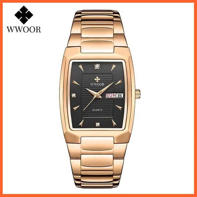 New Square Watch Men With Automatic Week Date Luxury Stainless Steel Gold Mens Quartz Wrist Watches
