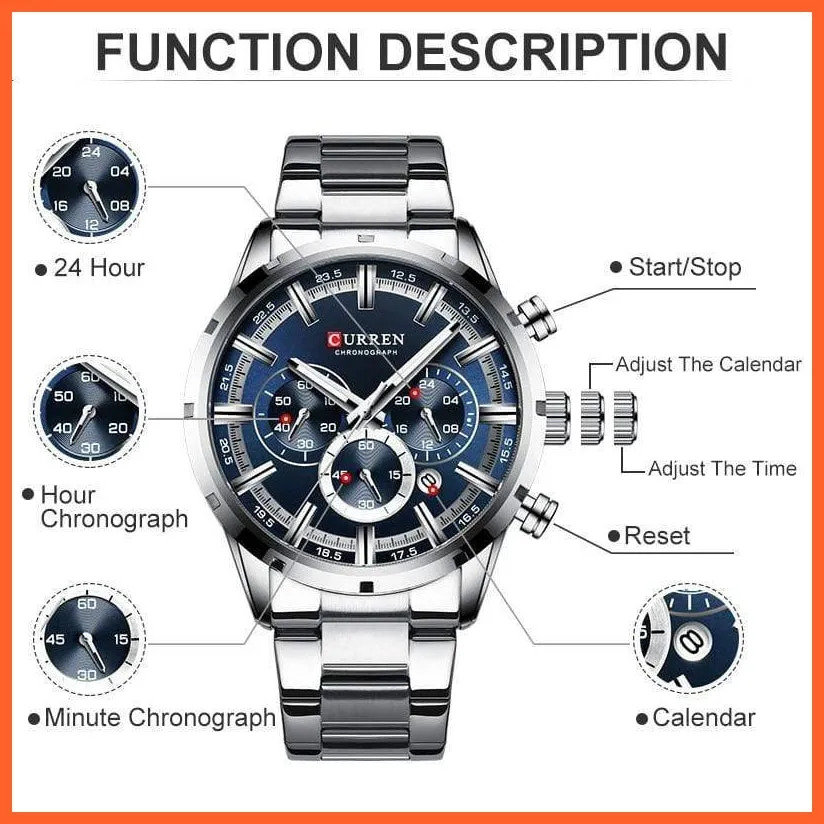 New  Top Brand Luxury Fashion Mens Watches Stainless Steel Chronograph Quartz Watch Men Sports Wrist Watches