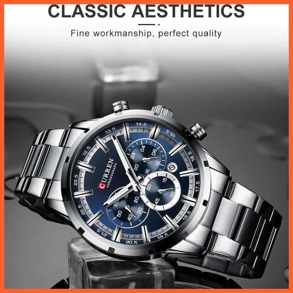 New  Top Brand Luxury Fashion Mens Watches Stainless Steel Chronograph Quartz Watch Men Sports Wrist Watches