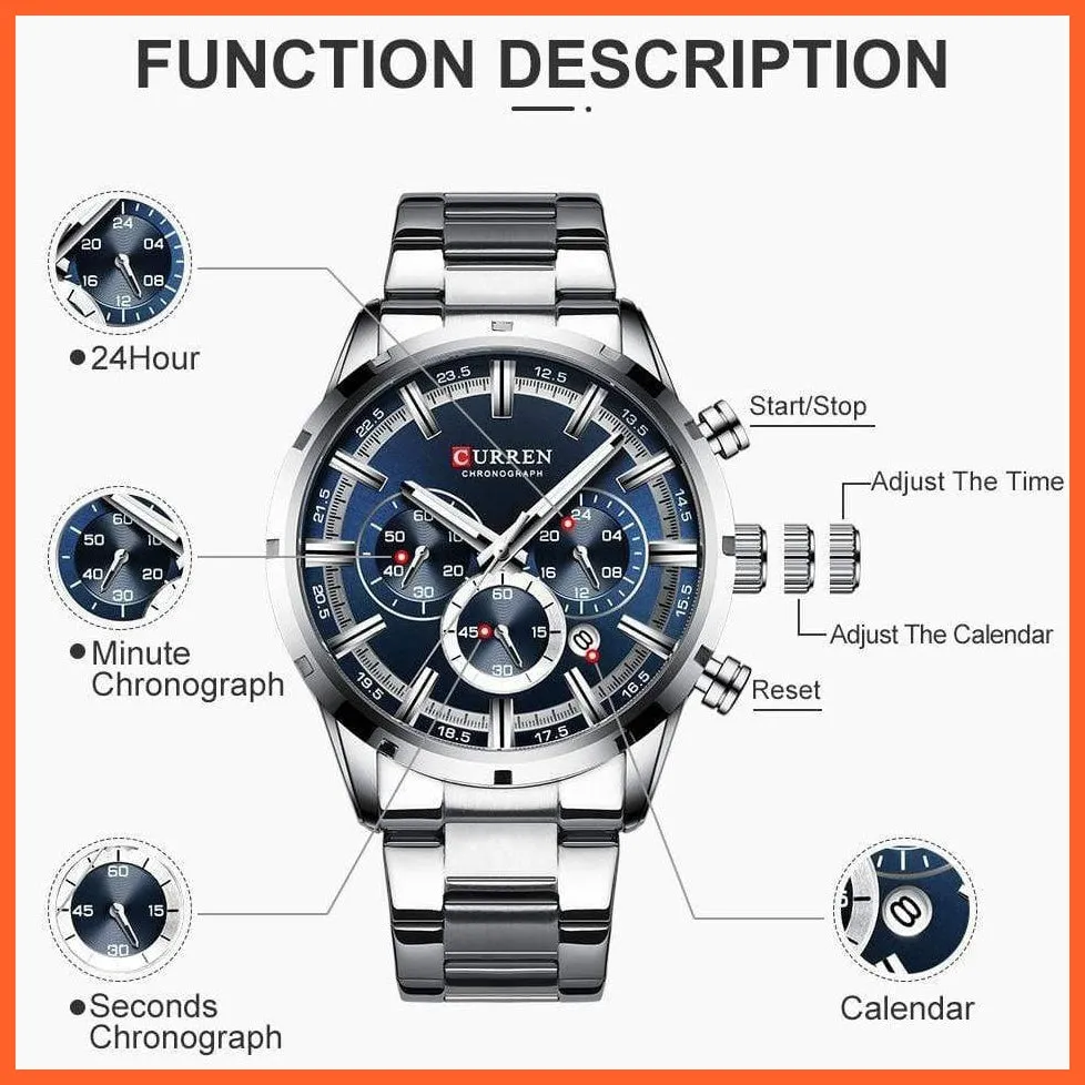 New  Top Brand Luxury Fashion Mens Watches Stainless Steel Chronograph Quartz Watch Men Sports Wrist Watches