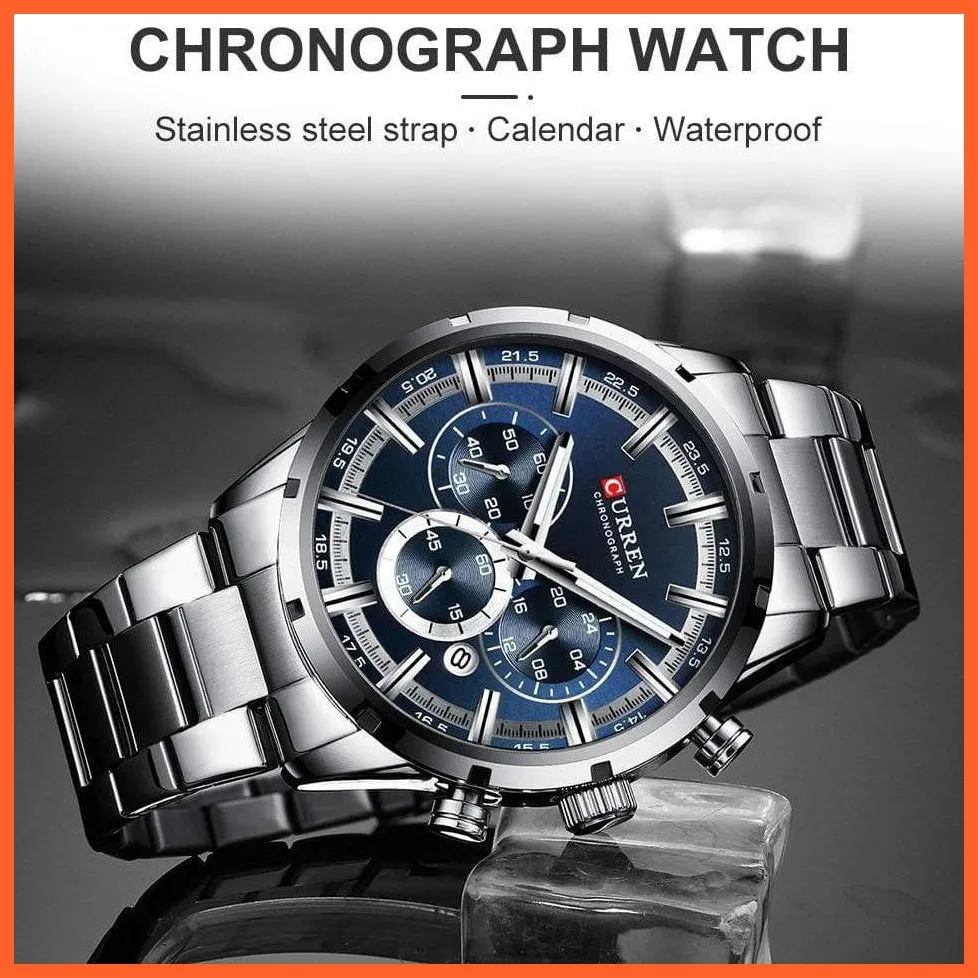New  Top Brand Luxury Fashion Mens Watches Stainless Steel Chronograph Quartz Watch Men Sports Wrist Watches