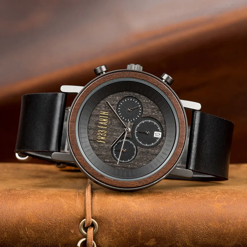 Ovo Black Wood/Leather Watch