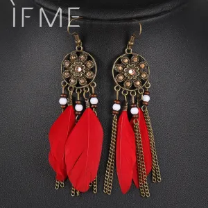 Retro Women Fashion Personality Punk Classic Bronze Earrings Flower Rhinestone Feather Tassel Pendant Earrings For Women Drop