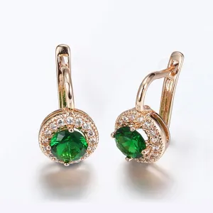 Rose Gold Color Earrings For Women Green Round Stone Cubic Zircon Drop Earrings White Geometric Luxury Trendy Jewelry GE278