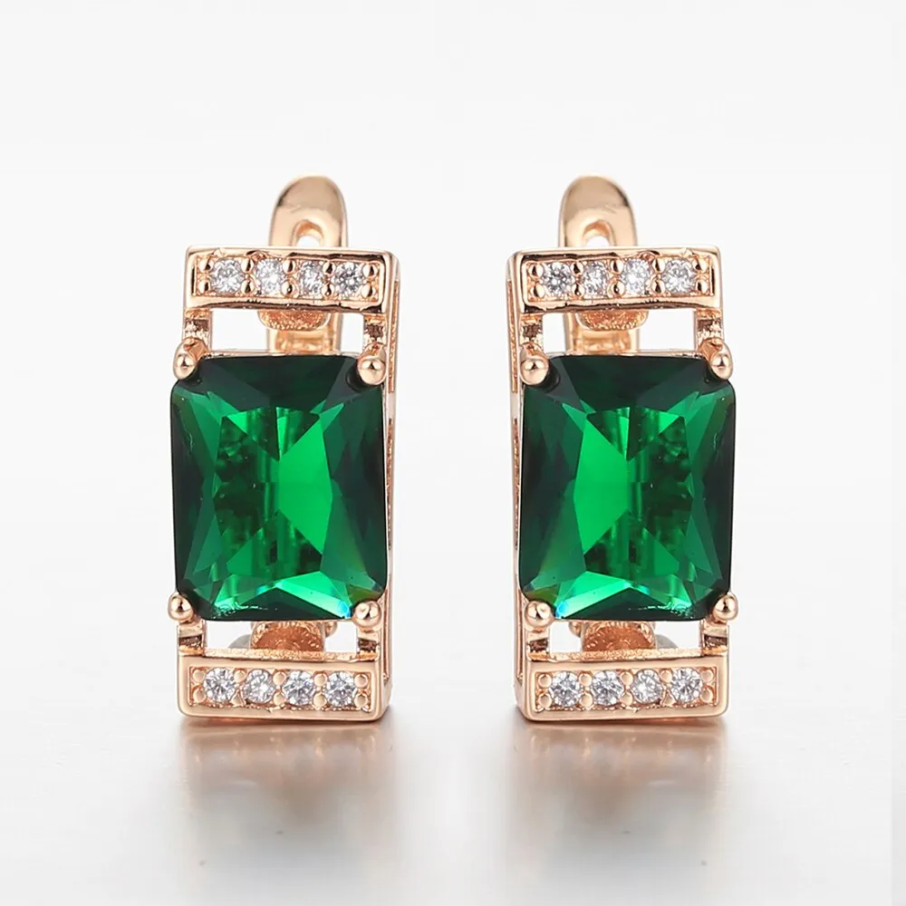 Rose Gold Color Earrings For Women Green Round Stone Cubic Zircon Drop Earrings White Geometric Luxury Trendy Jewelry GE278