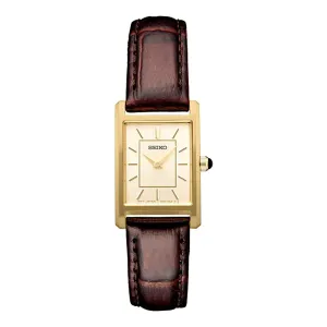 Seiko Womens Beige Dial Brown Leather Band Stainless Steel Quartz Dress Watch - SWR066