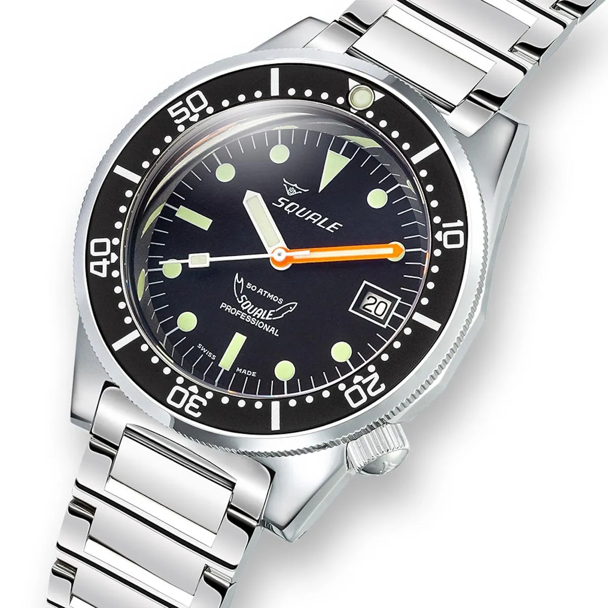 Squale 1521 Polished Steel Case - Black Dial on Bracelet
