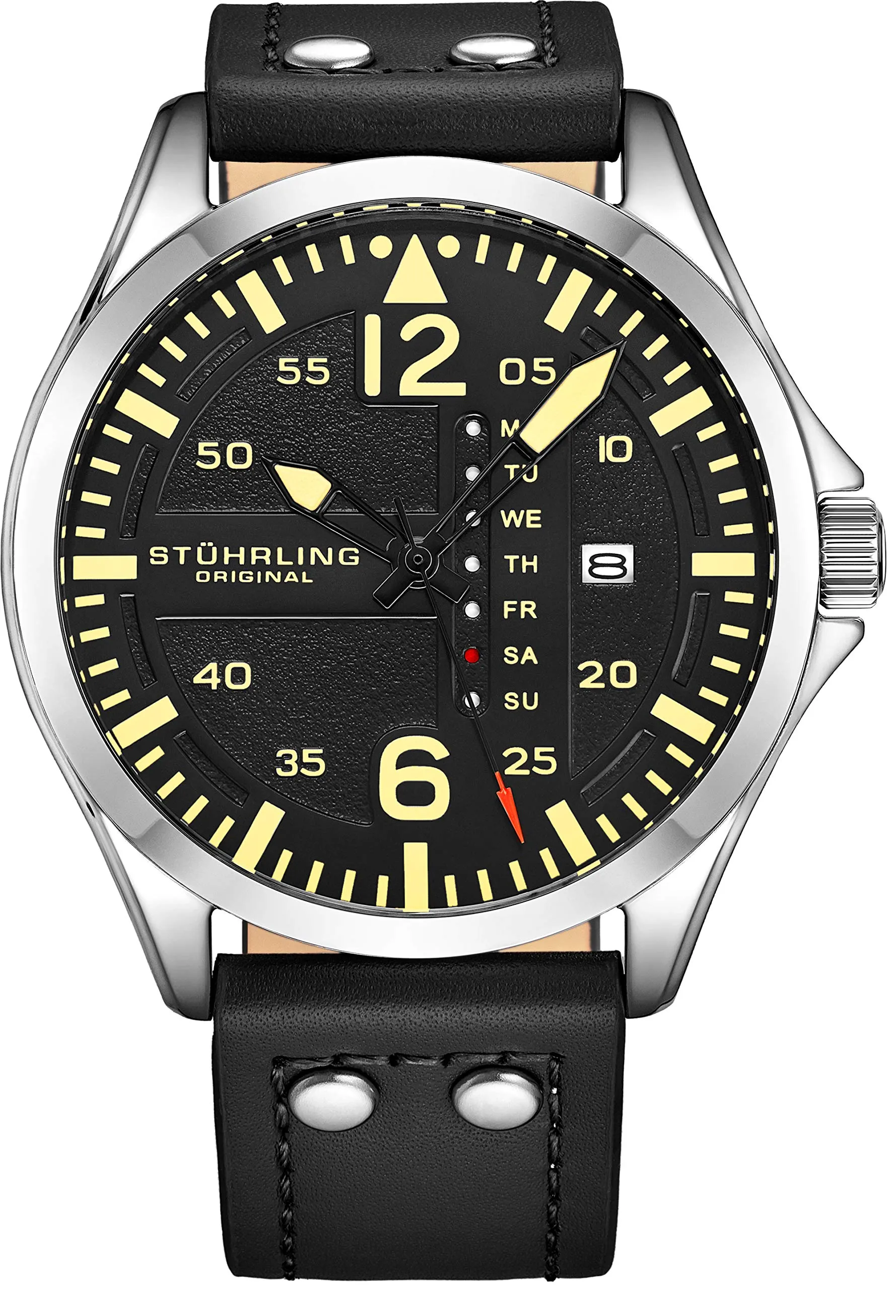 Stuhrling Men's Quartz Silver Case, Black Dial, Black Leather Strap Watch