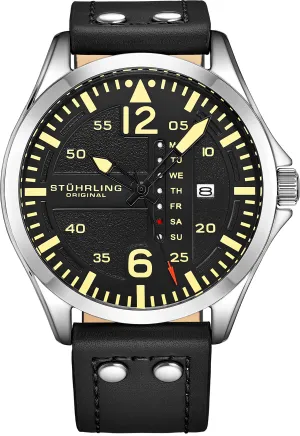 Stuhrling Men's Quartz Silver Case, Black Dial, Black Leather Strap Watch