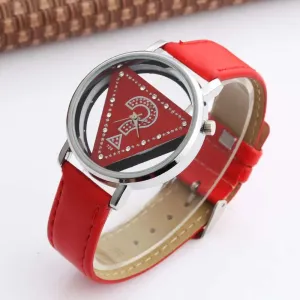 Womage Women Watches Fashion Triangle Transparent Quartz Wristwatches Leather Reloj Mujer