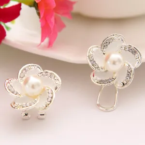 ZOSHI Lose money promotion Simulated Pearl Earrings wholesale Flower design silver plated ladies stud earrings jewelry 1pair/lot